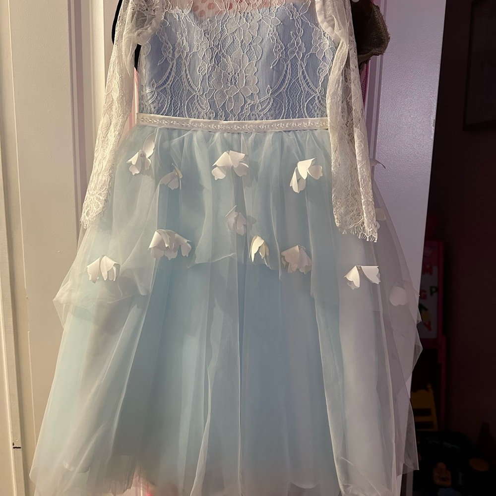 Elegant Blue Lace Dress with Floral Accents